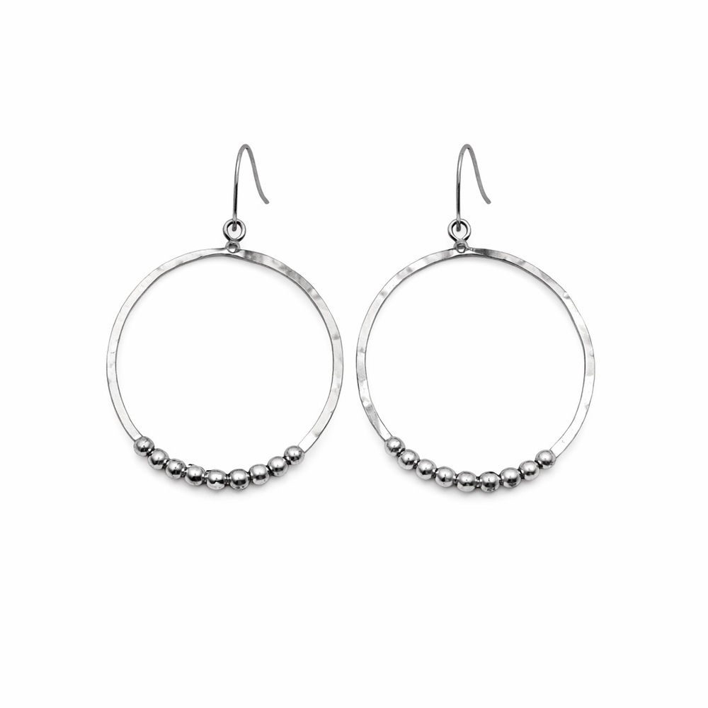 #55 Silver Handmade Hammered Beaded Circle Dangle Earrings